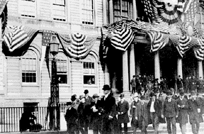 Dignitaries
leaving City Hall, the building, to enter the new subway system